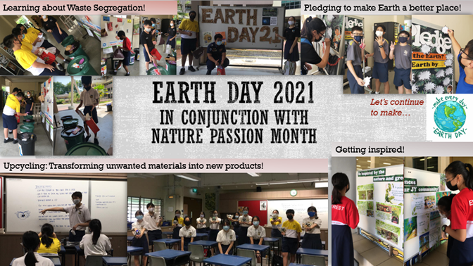 Collage of students celebrating Earth Day 2021 with waste segregation, upcycling, and pledging activities.